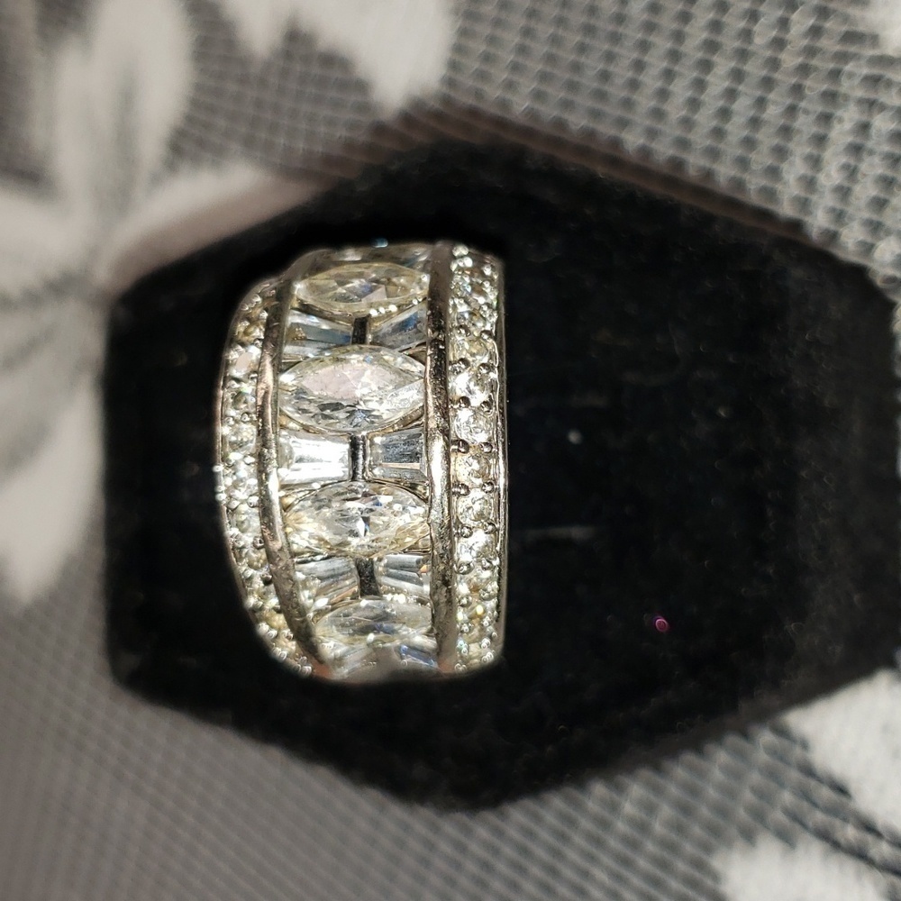 Sterling silver stamped marquis baguette and round cz statement ring